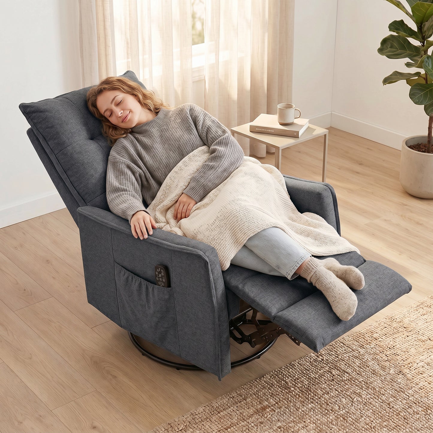 HOMCOM Chenille Recliner Chair With Massage And Heat Eight Point Vibration 360 Degree Swivel Manual Recliner Dark Grey