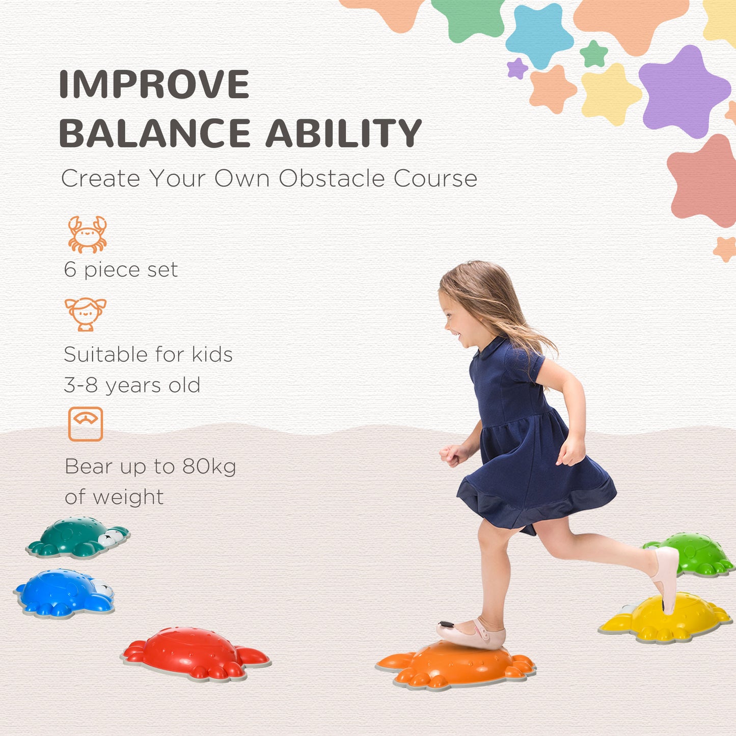 AIYAPLAY Crab-Inspired Stepping Stones for Kids, 6-Piece Balance Set with Anti-Slip Edges, Stackable and Colorful - ALL4U RETAILER LTD