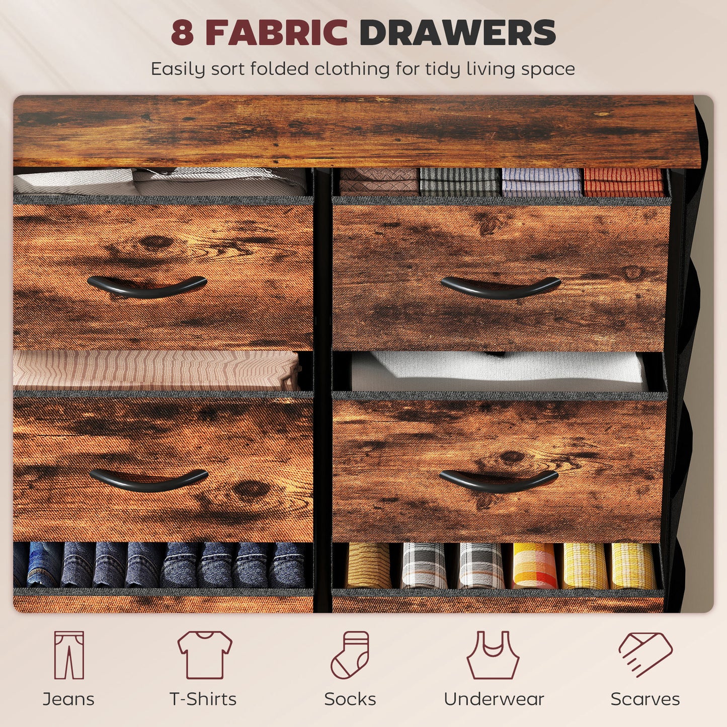 HOMCOM Chest Of Eight Fabric Drawers Rustic Brown With Steel Frame And X Bars For Bedroom Storage