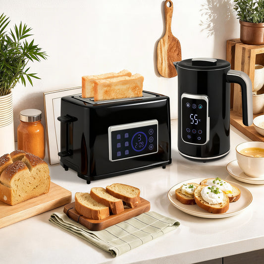 HOMCOM Touch Screen Kettle And Toaster Set Black With 3000W Fast Boil 1.7L Kettle And Six Temperature Presets