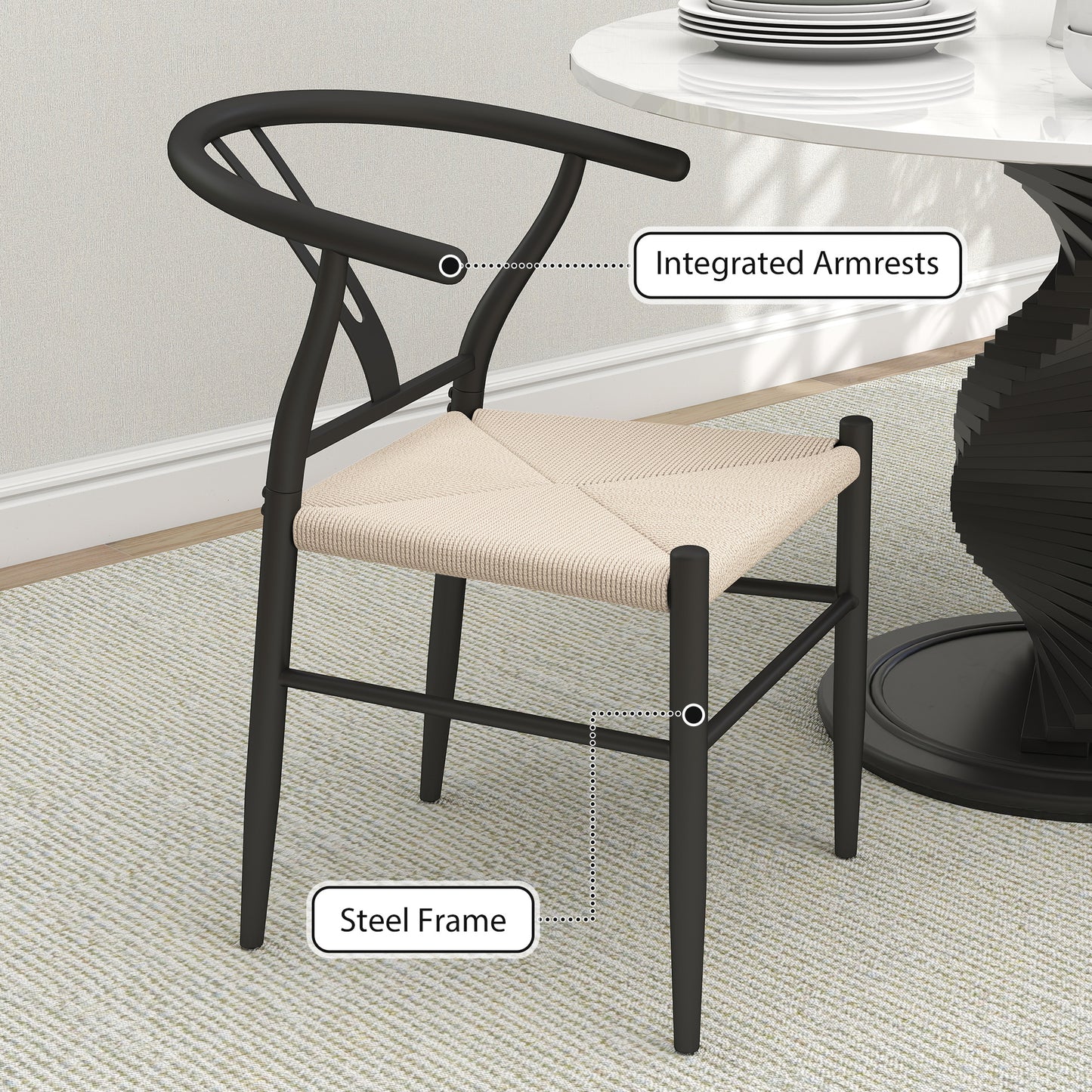 HOMCOM Set Of Two Weave Dining Chairs With Y Shaped Backrest And Hemp Seat Black And Beige
