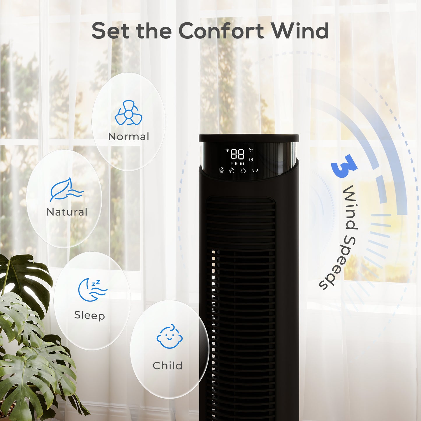 HOMCOM Tower Fan With WiFi Control And Remote 116 Cm Standing Floor Fan Black Edition