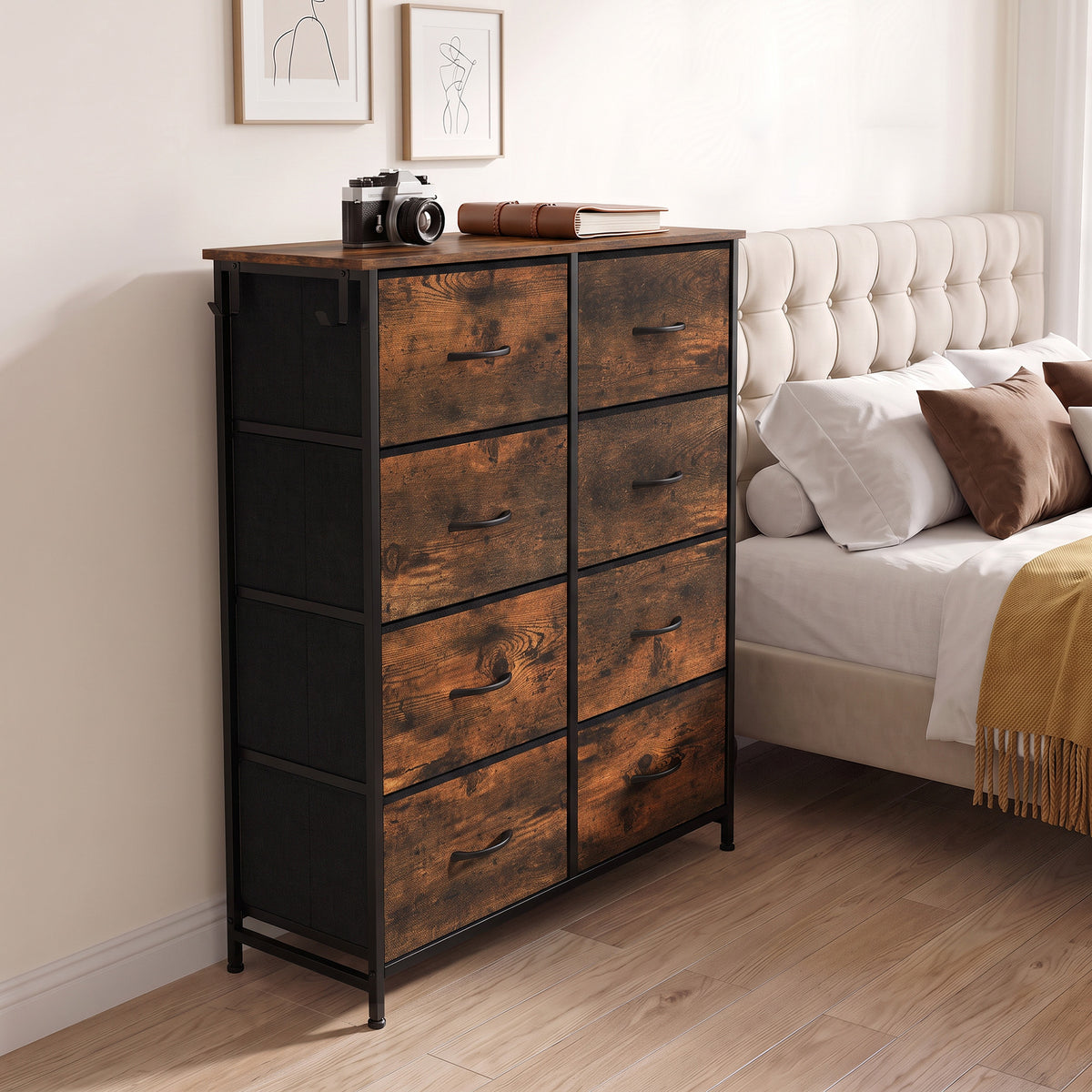 HOMCOM Rustic Brown Chest of Drawers with 8 Fabric Drawers and Side Bag