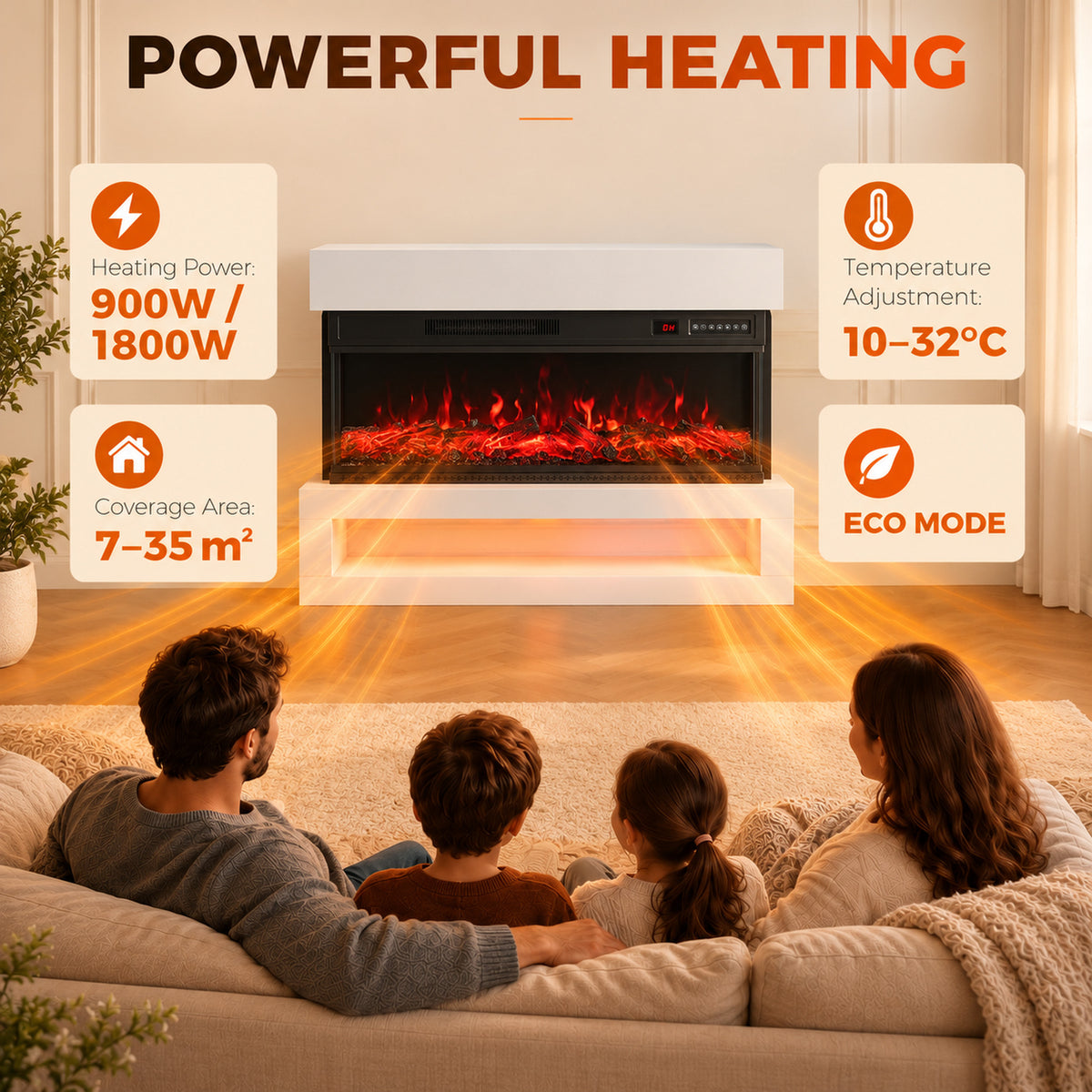 White freestanding electric fireplace with red flame insert and front control panel