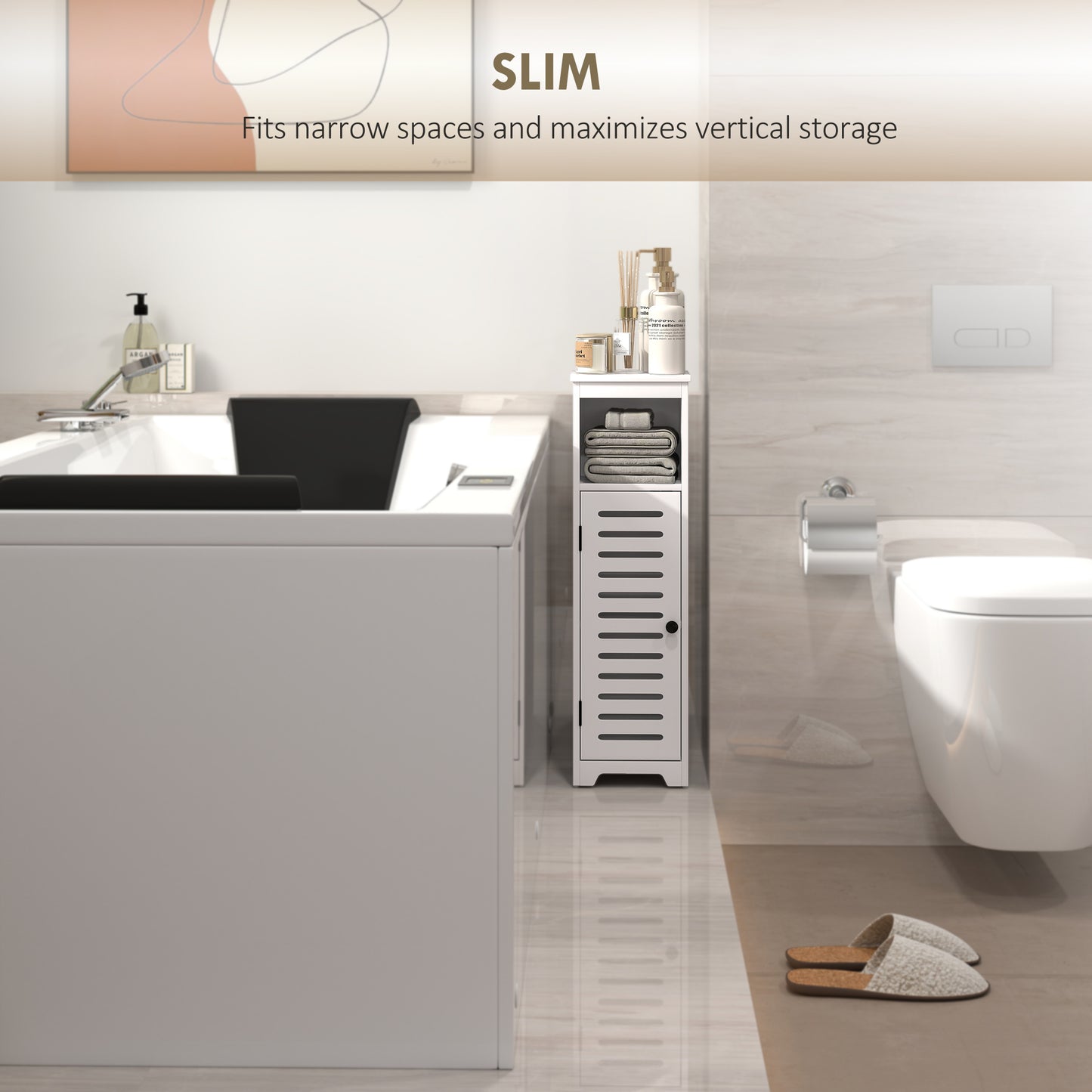 HOMCOM Bathroom Floor Cabinet With Louvered Door And Open Shelf White Adjustable Shelf Anti Tipping