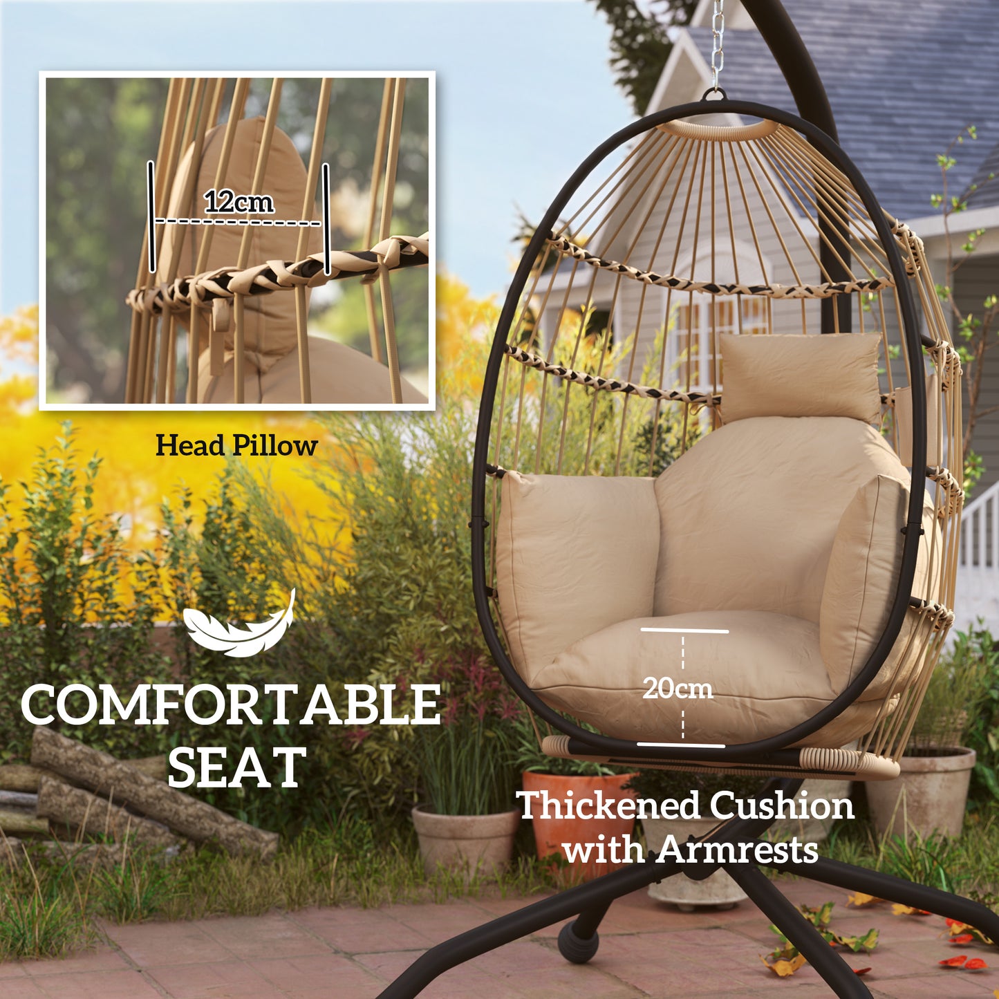 Outsunny Hanging Egg Chair With Stand Folding Basket Thickened Cushion Cup Holder Headrest For Outdoor Balcony Khaki