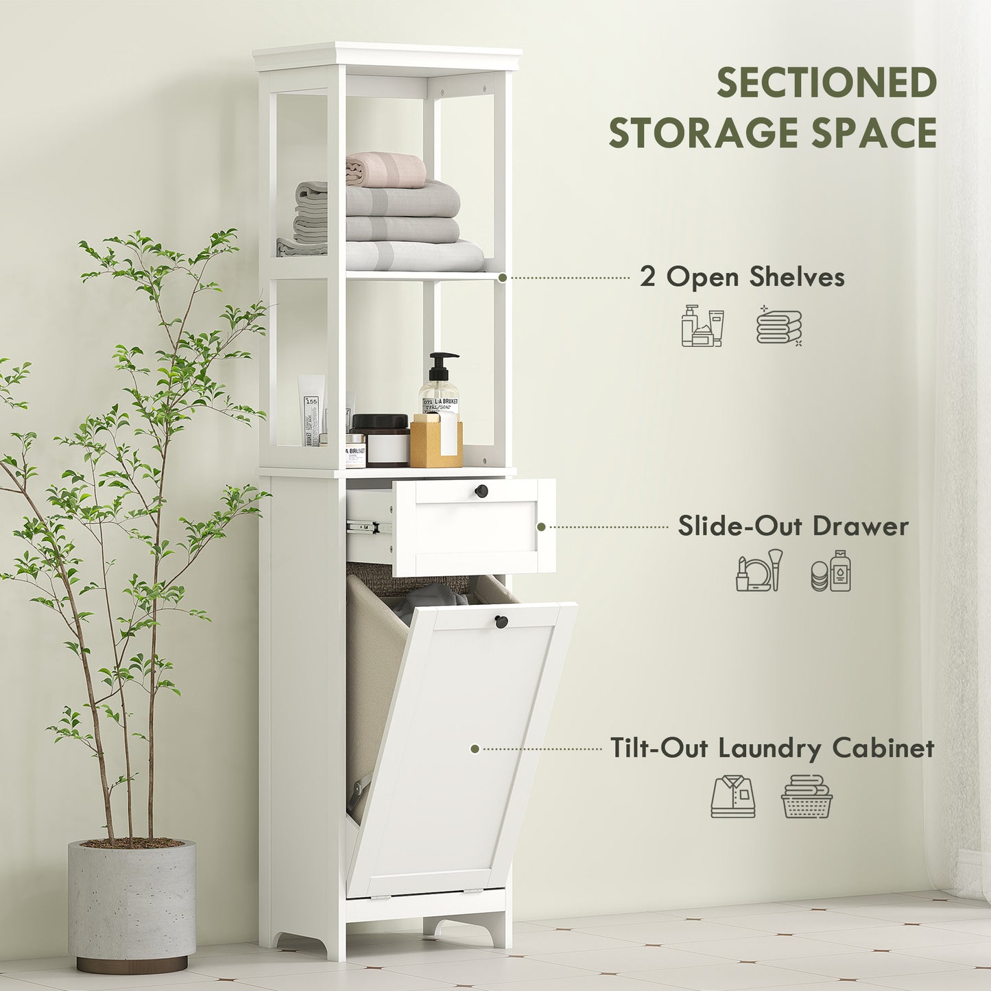HOMCOM Tall Bathroom Cabinet With 30 L Laundry Hamper White Storage Organizer For Towels And Laundry
