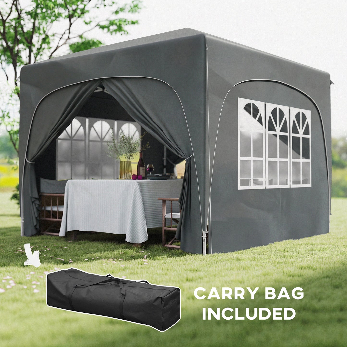 Outsunny 3x3m Pop Up Gazebo Shelter With Accessories Dark Grey UPF50 Fabric Canopy Adjustable Height 255 265 275 cm