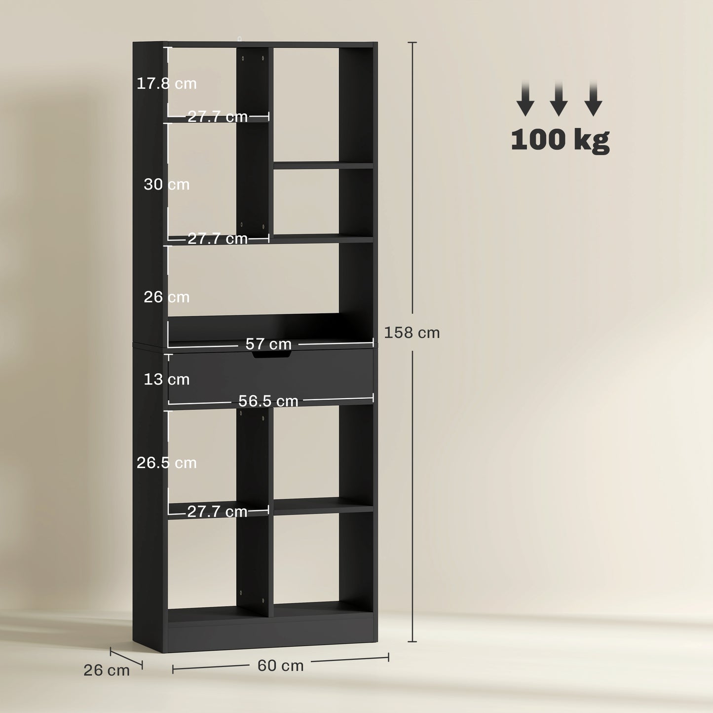 HOMCOM Tall Bookshelf With Drawer Freestanding Bookcase In Black For Bedroom Living Room And Home Office
