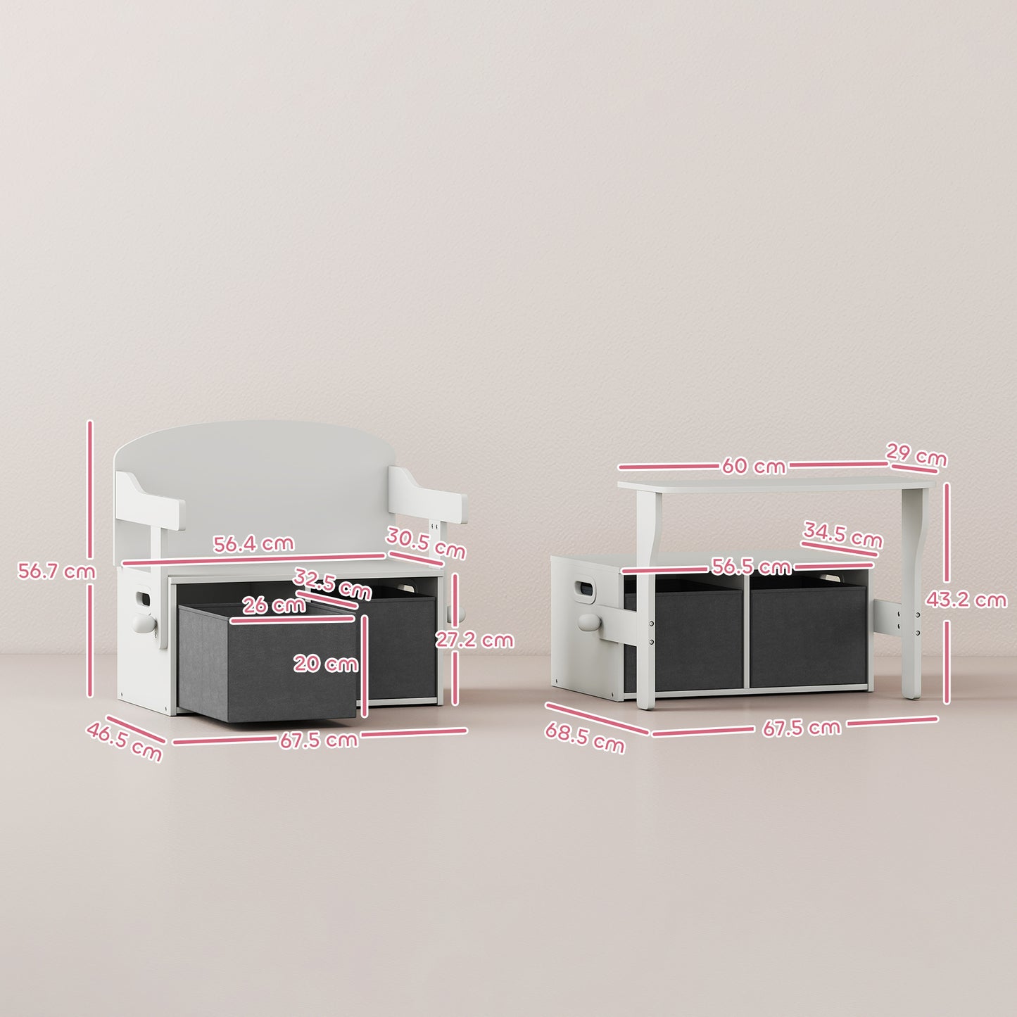 AIYAPLAY 3 In 1 Kids Storage Bench Table And Chair Set With 2 Fabric Bins Toy Storage Box White