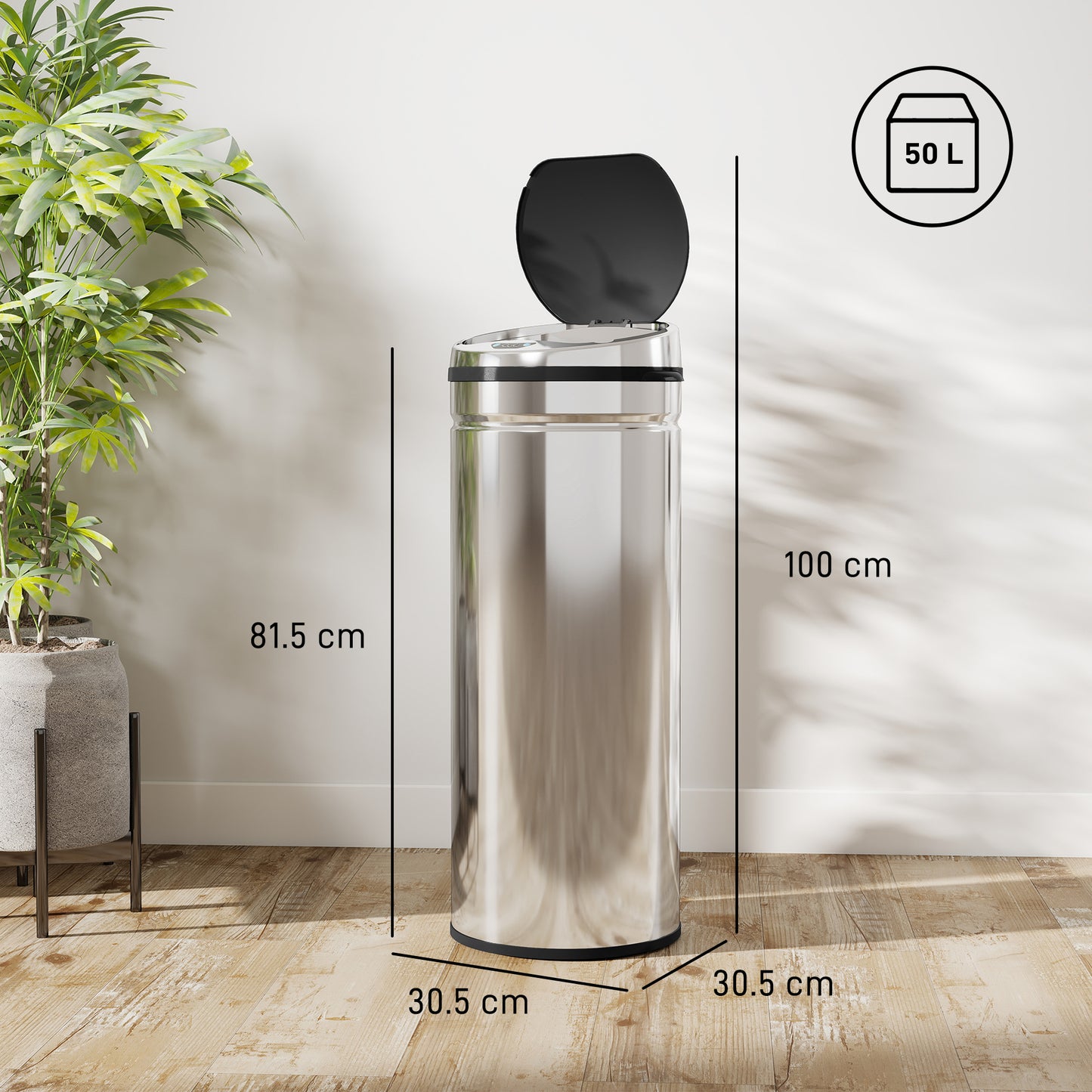 HOMCOM 50L Stainless Steel Trash Bin With Touchless Motion Sensor And Soft Close Lid Removable Inner Bucket