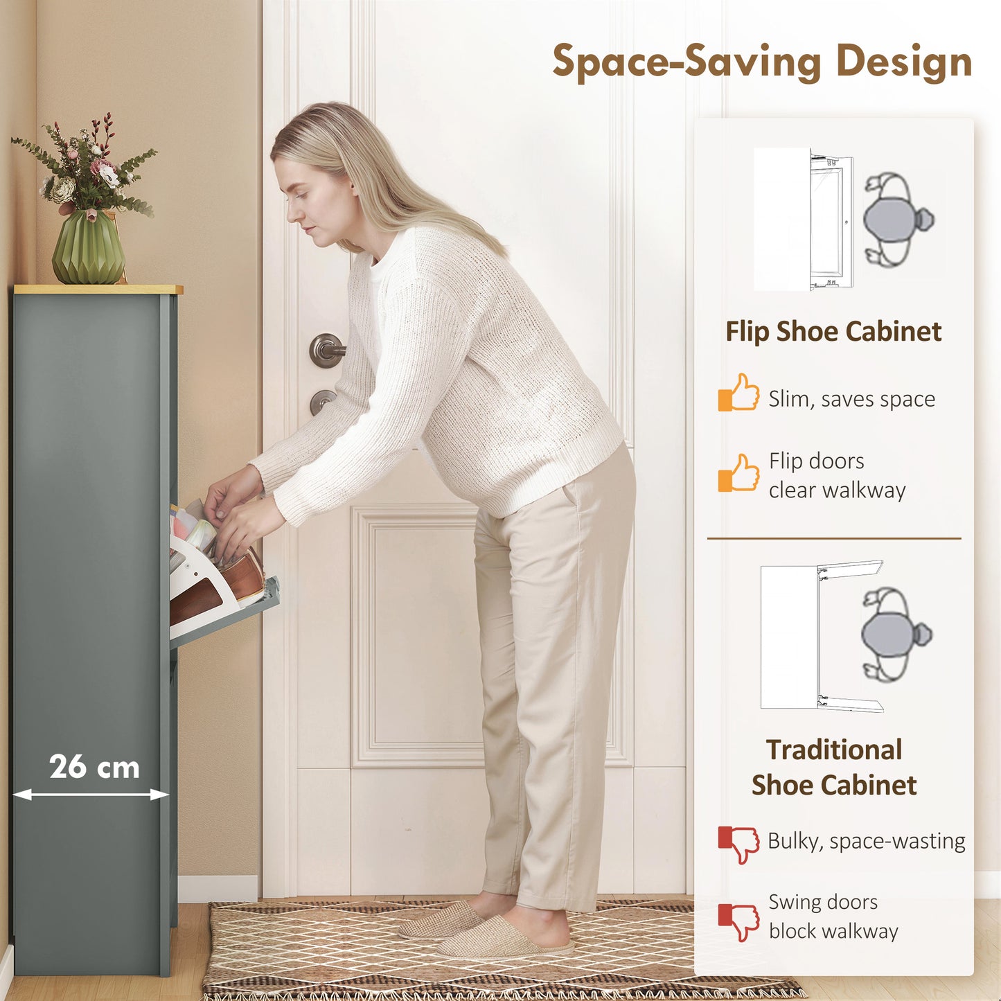 HOMCOM Slim Shoe Cabinet Narrow Cupboard With 3 Flip Drawers And Adjustable Shelves For 18 Pairs Of Shoes Light Grey