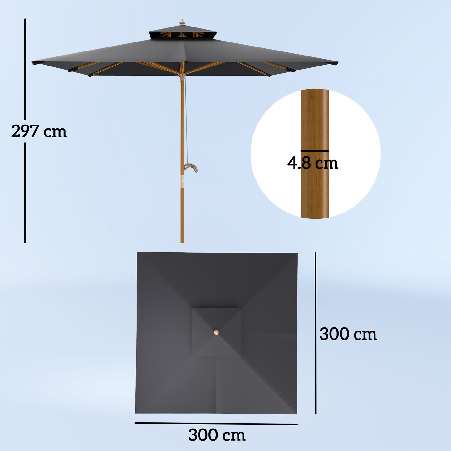 Outsunny 3 m Square Canopy Parasol With Bamboo And Poplar Wood Frame For Outdoor Shade Black