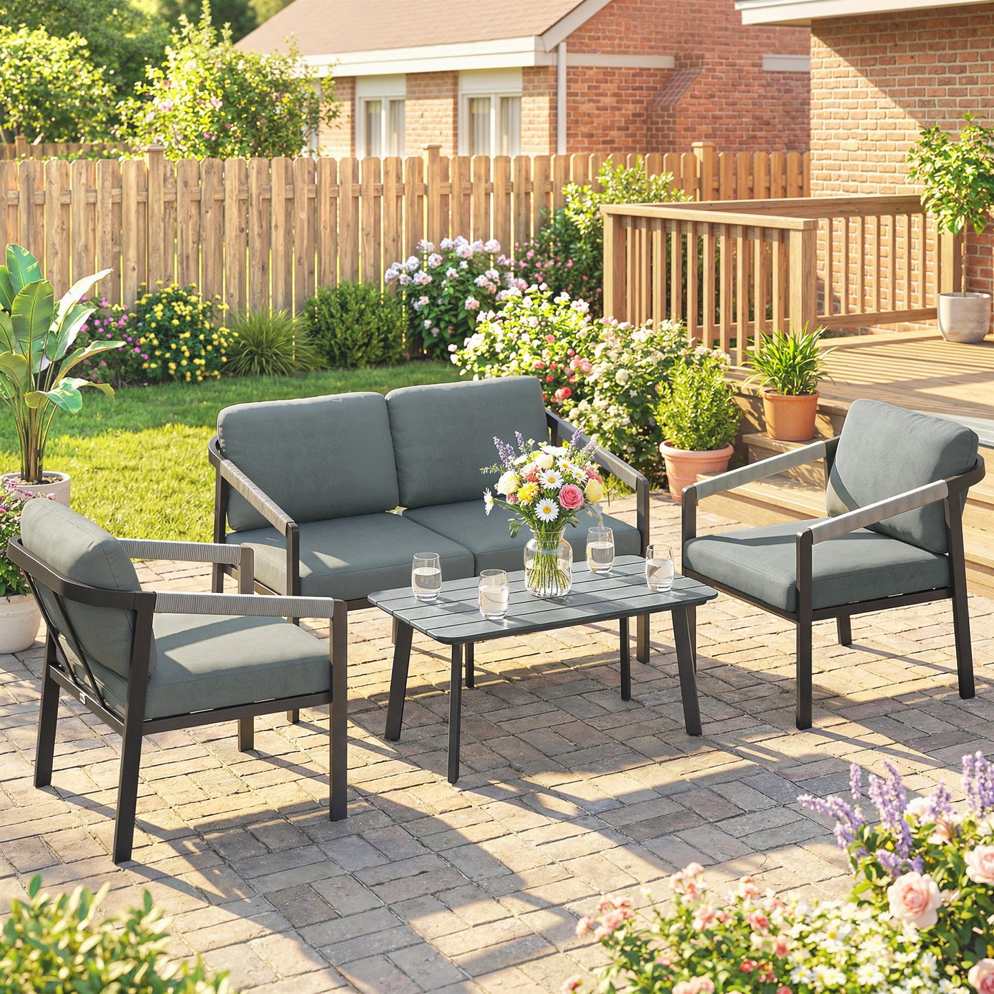 Outsunny Aluminium Garden Furniture Set 4 Seater Outdoor Patio Sofa Set With Loveseat And 2 Armchairs Slatted Table