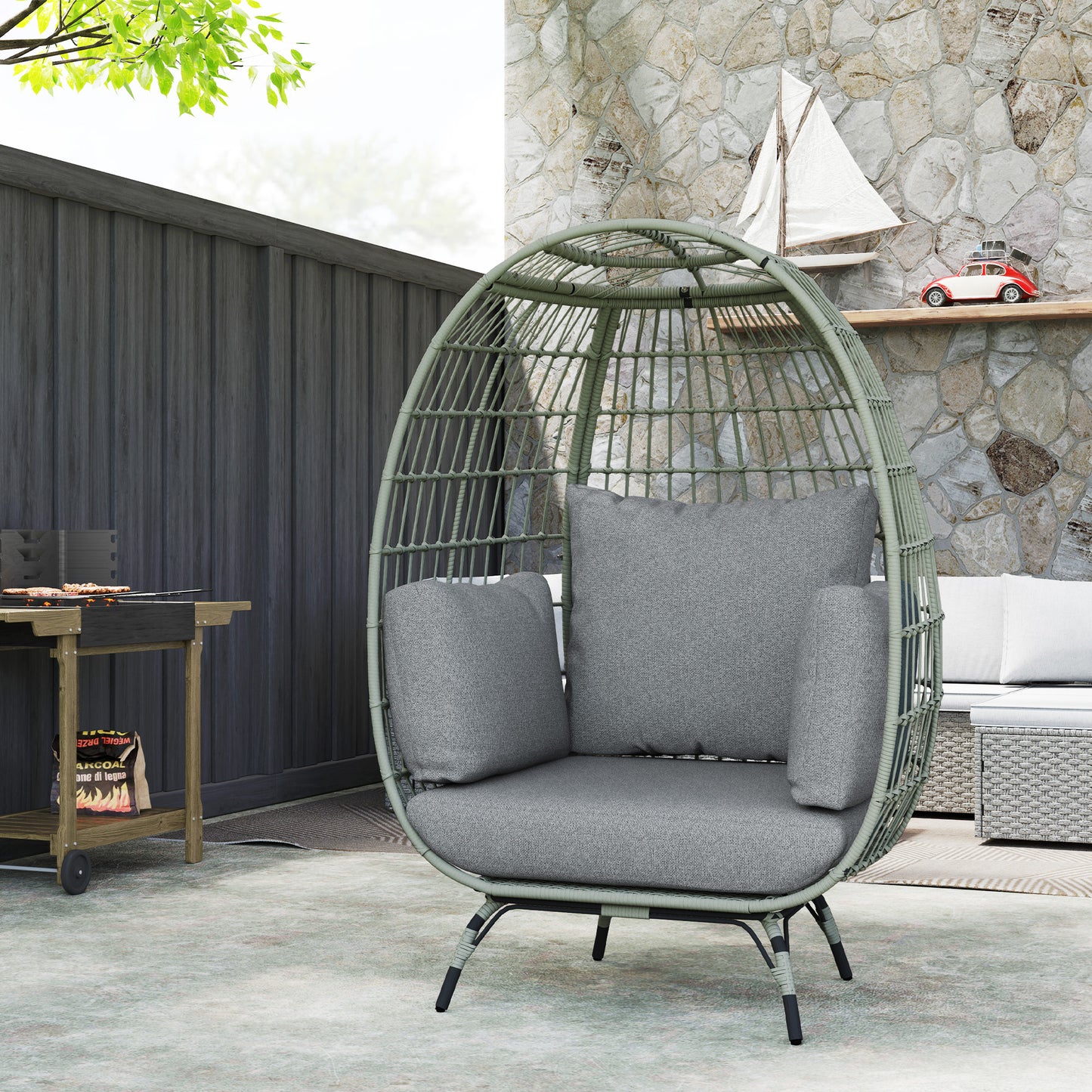 Outsunny Rattan Egg Chair With Cushions And Pillows Charcoal Grey Standing Indoor Outdoor Use