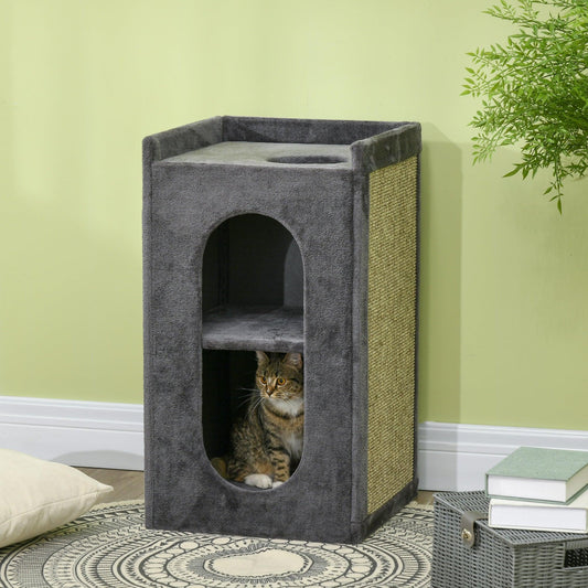 PawHut 81cm Cat Scratching Barrel with Two Cat Houses for Indoor Cats - Grey - ALL4U RETAILER LTD
