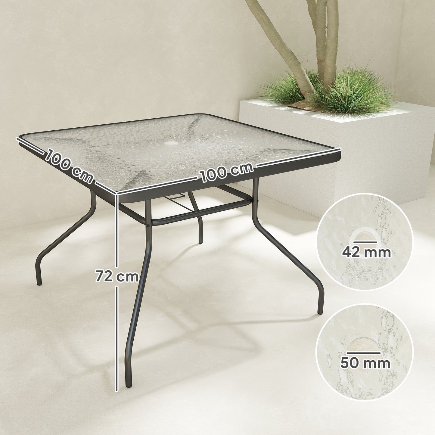 Outsunny Square Garden Dining Table With Tempered Glass Top And Umbrella Hole 100 X 100 Cm