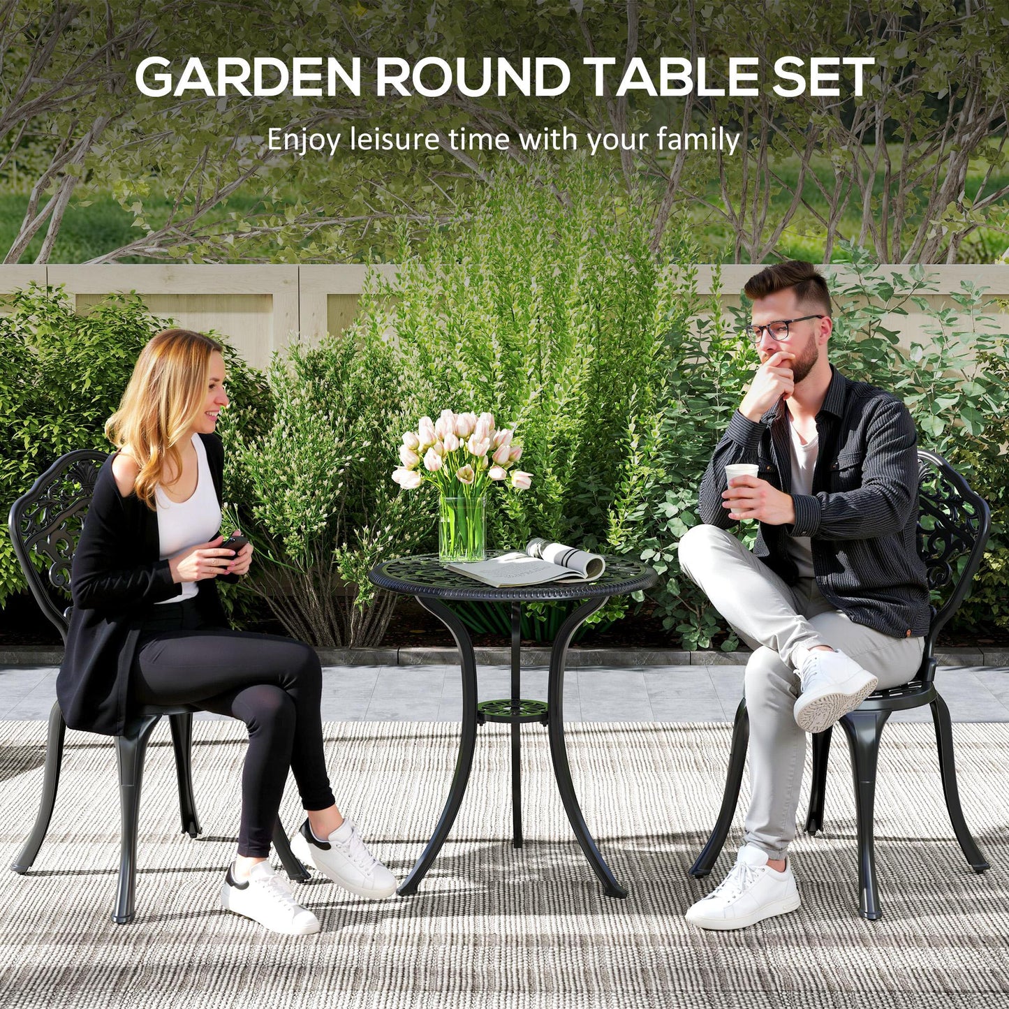 Outsunny Three Piece Aluminium Floral Bistro Set Black Outdoor Patio Furniture With Two Chairs And Table