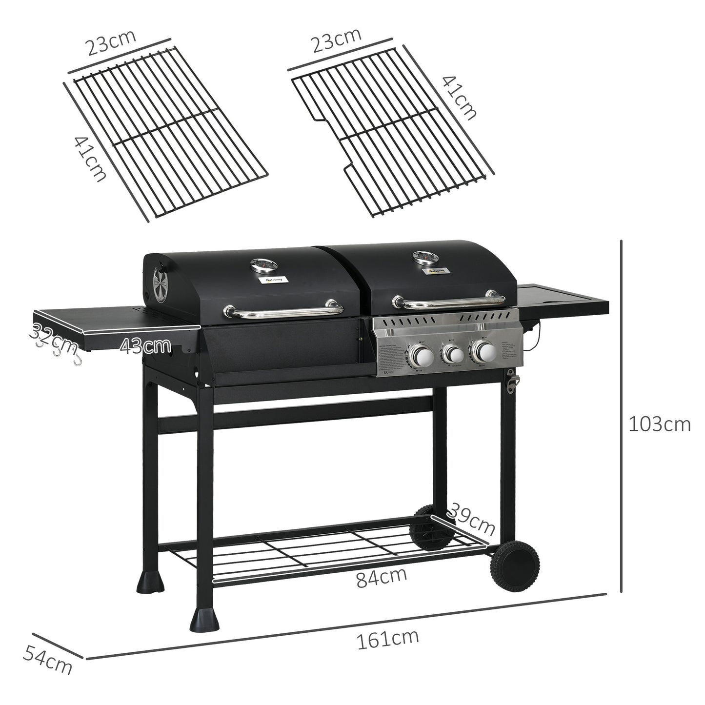 Outsunny Dual Fuel BBQ Grill Charcoal And Gas Combo With 2 Burner Gas Grill And Side Burner Black