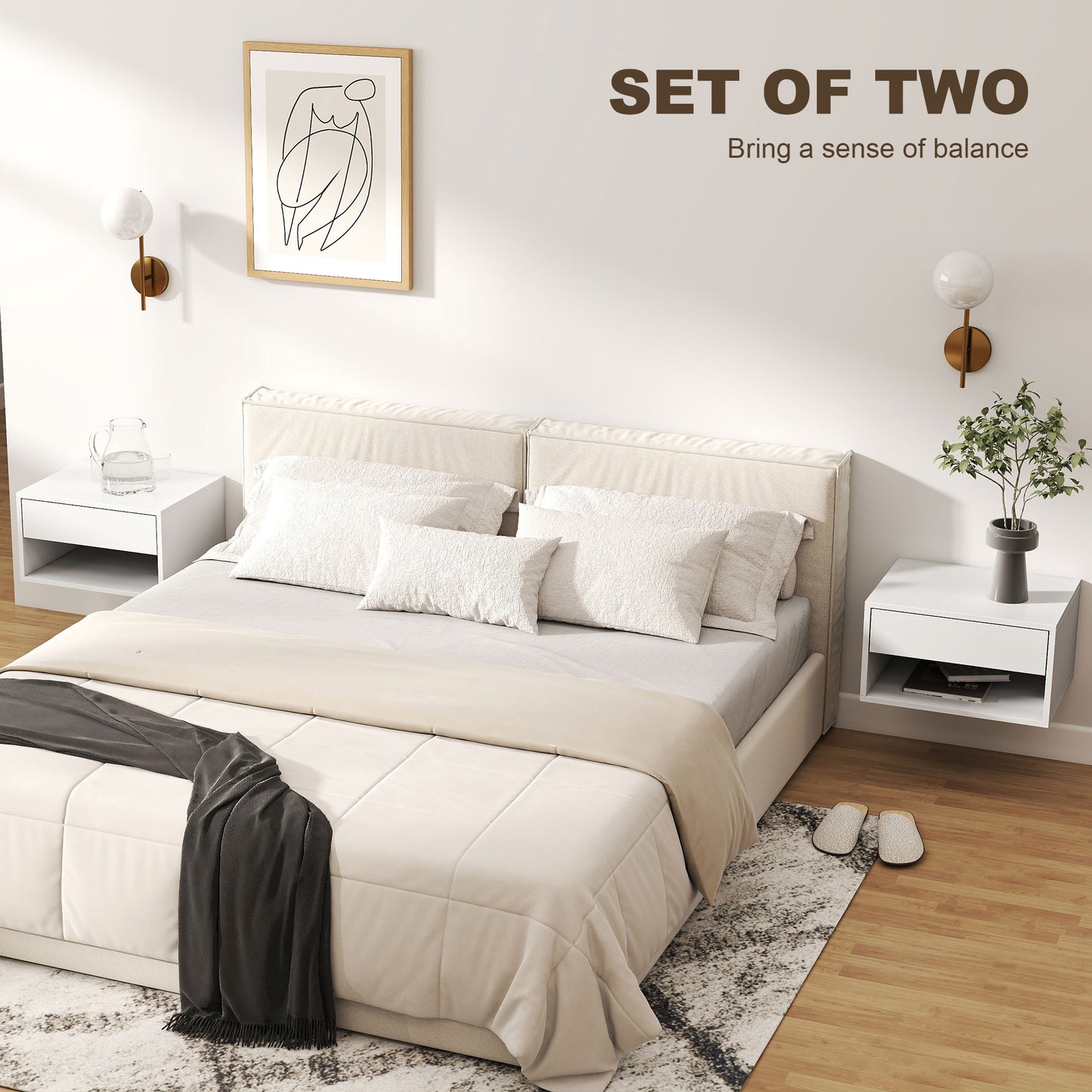 HOMCOM Floating Bedside Tables Set Of Two White With Drawer And Open Shelf Ideal For Nightstand Storage