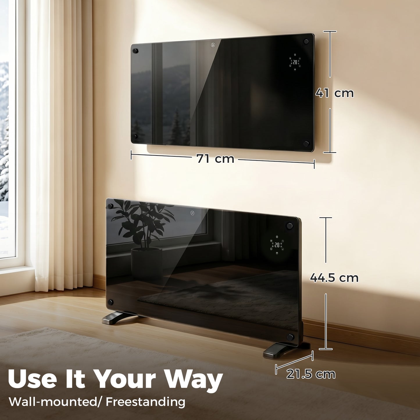 HOMCOM 1500W Smart Control Heater With TUYA App Black 5 To 35C Temperature Range Wall Mount Or Freestanding