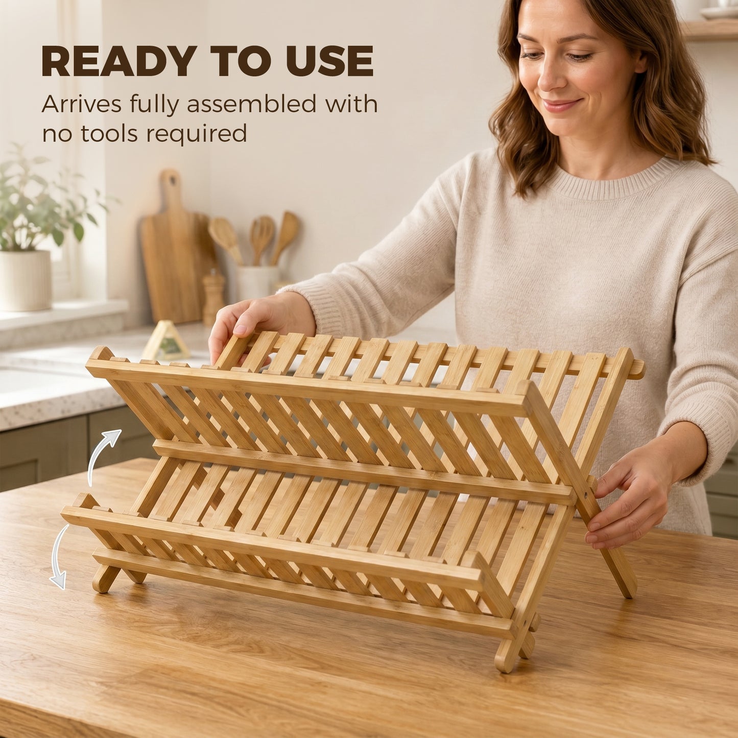 HOMCOM 2 Tier Foldable Bamboo Kitchen Storage Rack With Slatted Drying Shelves Natural Wood Finish