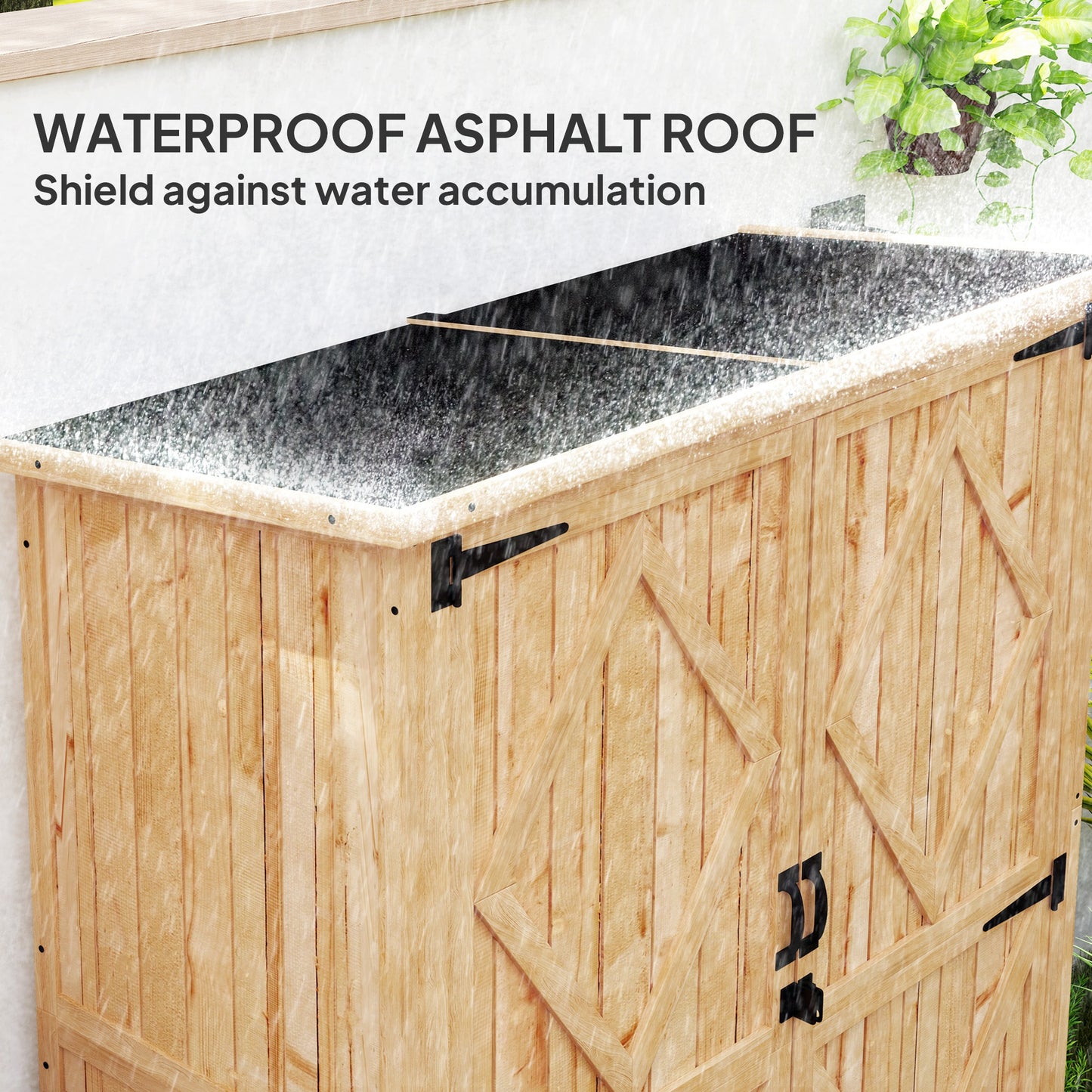 Outsunny Wooden Garden Storage Shed With Asphalt Roof Double Doors And Two Shelves For Garden Tools Equipment Natural