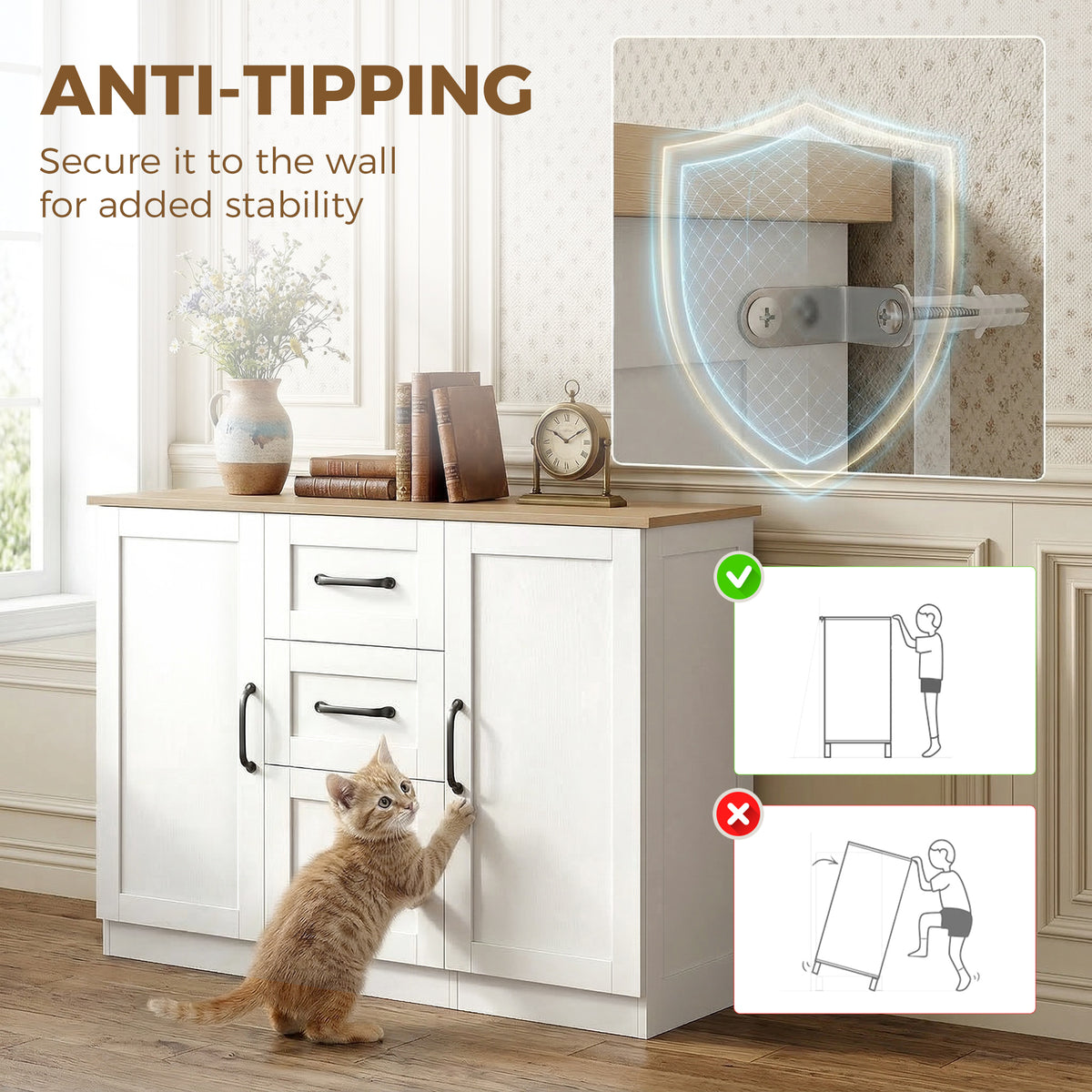 White sideboard cabinet with anti-tipping wall bracket, 3 drawers and 2 doors