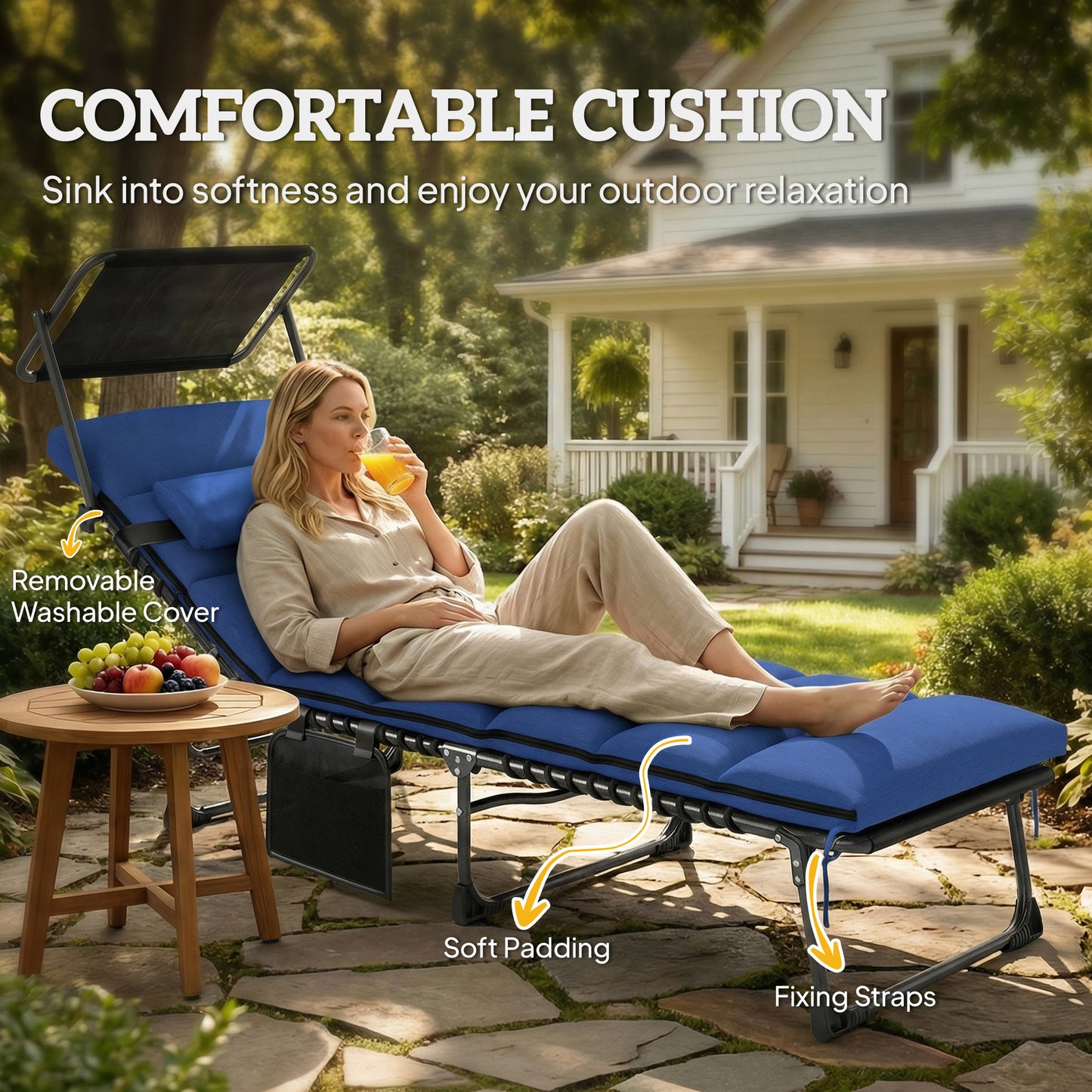 Outsunny Folding Sun Lounger With Canopy, Reclining Sunbed With Cushion, Side Pocket, Carrying Handle, Dark Blue