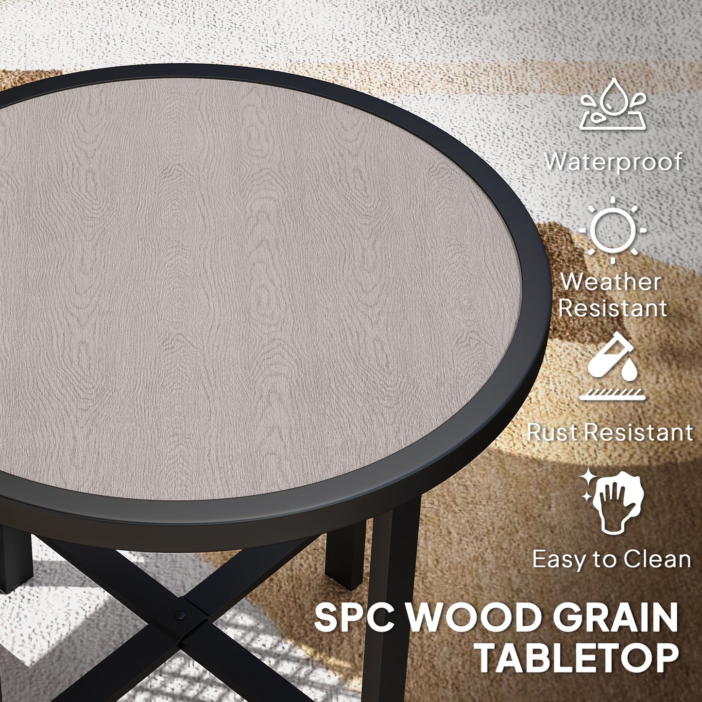 Outsunny Round Garden Table 50.5cm With SPC Tabletop Powder Coated Metal Frame Grey Wood Effect Anti Slip Feet