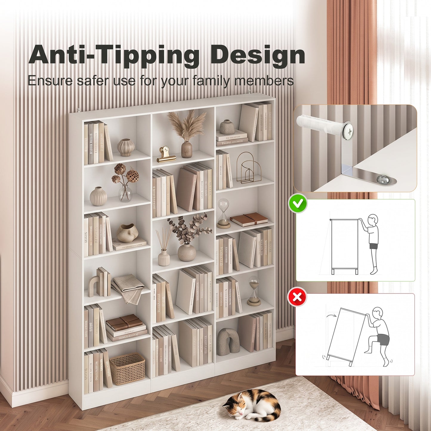 HOMCOM 6 Tier Bookcase with Open Storage Slim Depth White Bookshelf with Adjustable Shelves and Anti Tipping Hardware