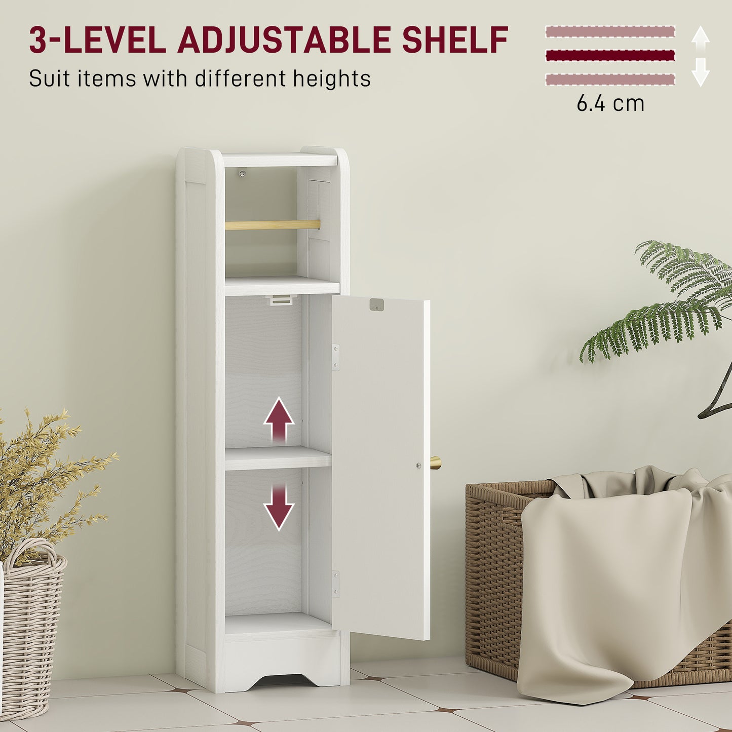 HOMCOM Slim White Bathroom Storage Cabinet With Toilet Roll Holder And Adjustable Shelf Two Tier