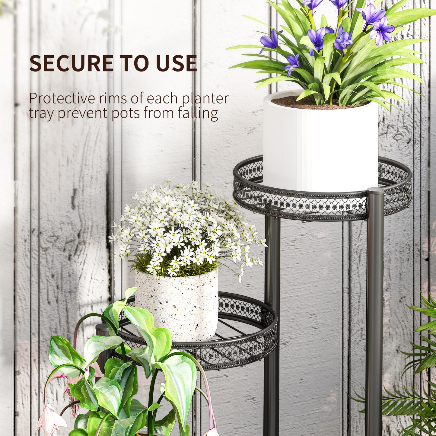 Outsunny Four Tier Steel Plant Stand Black Indoor Outdoor Rust Resistant With Three Planter Trays