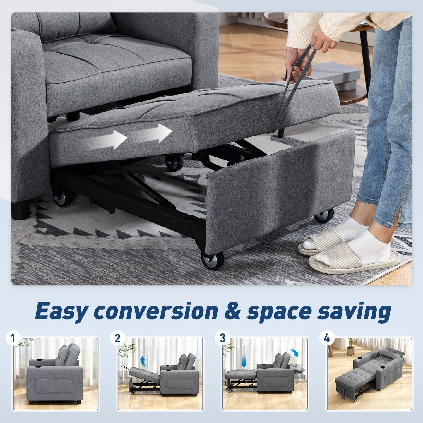 HOMCOM 3-In-1 Sofa Bed Armchair to Lounger to Bed Dark Grey 95 X 190 Cm Bed Size