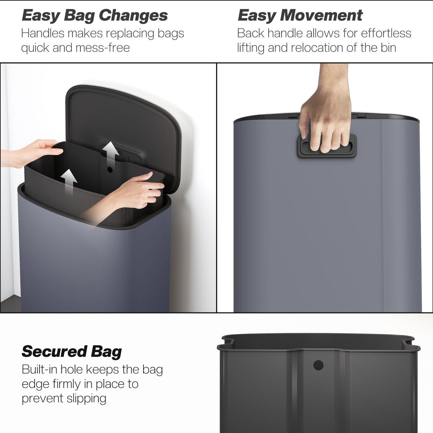 HOMCOM 50L Stainless Steel Kitchen Bin With Soft Close Lid Stay Open Function Pedal Bin Removable Inner Bucket Grey