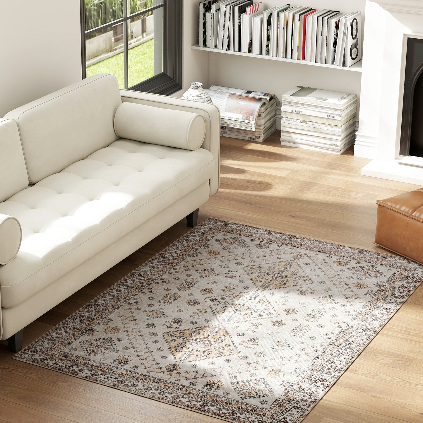 HOMCOM Vintage Area Rug Non Slip Washable Flannel Rug 170 x 120 cm Beige for Living Room Bedroom Dining Room