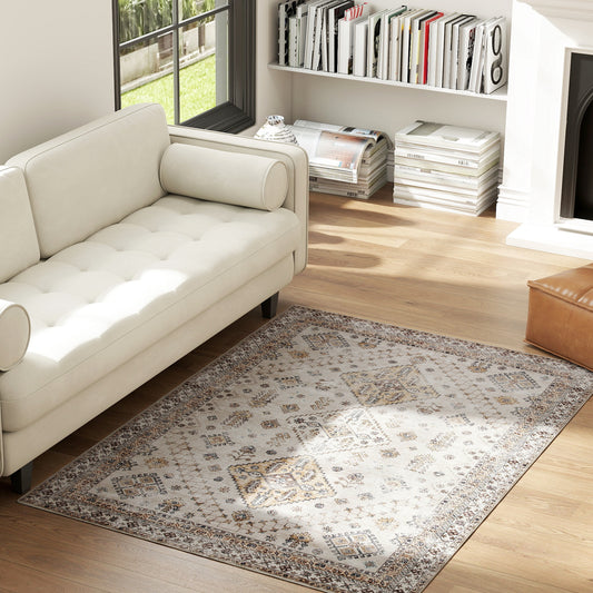 HOMCOM Vintage Area Rug Non Slip Washable Flannel Rug 170 x 120 cm Beige for Living Room Bedroom Dining Room