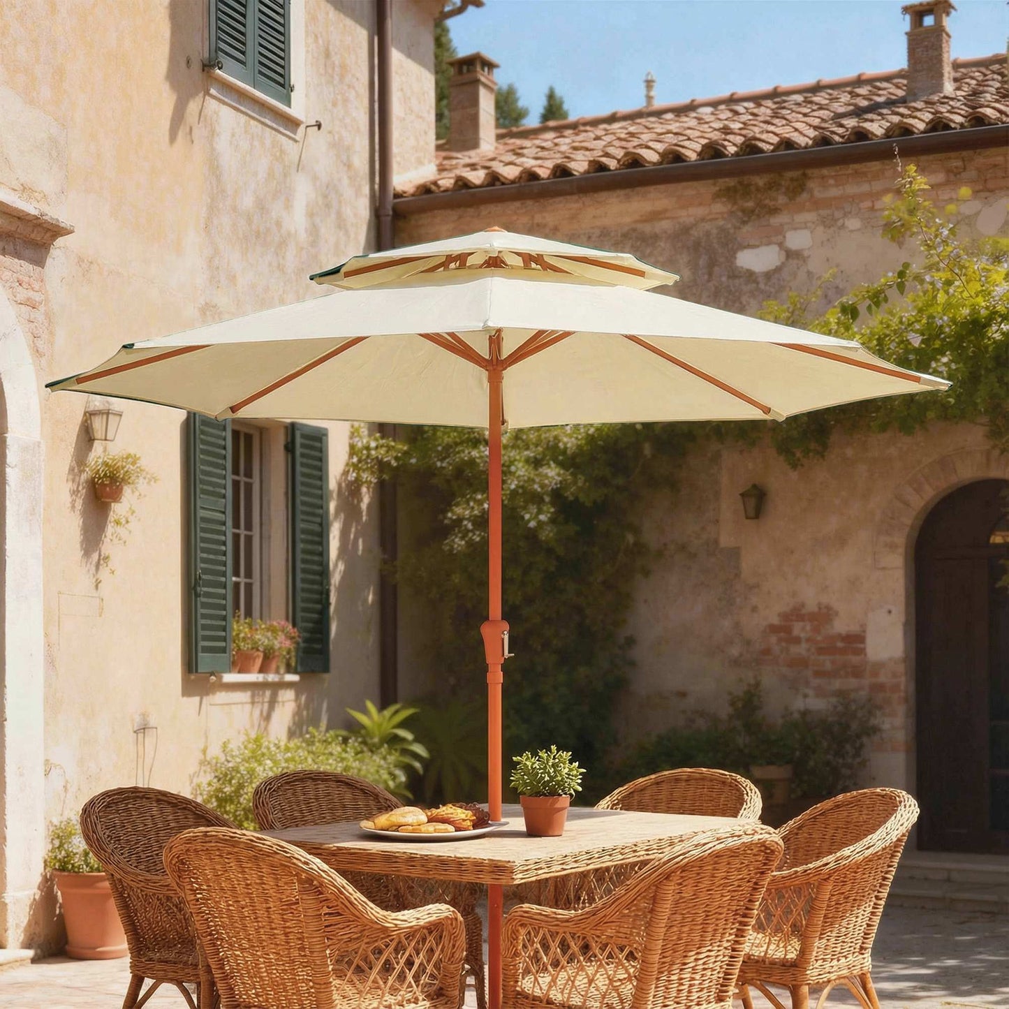 Outsunny 2.7m Garden Parasol With Double Top Canopy And Crank System Outdoor Market Table Umbrella Cream White