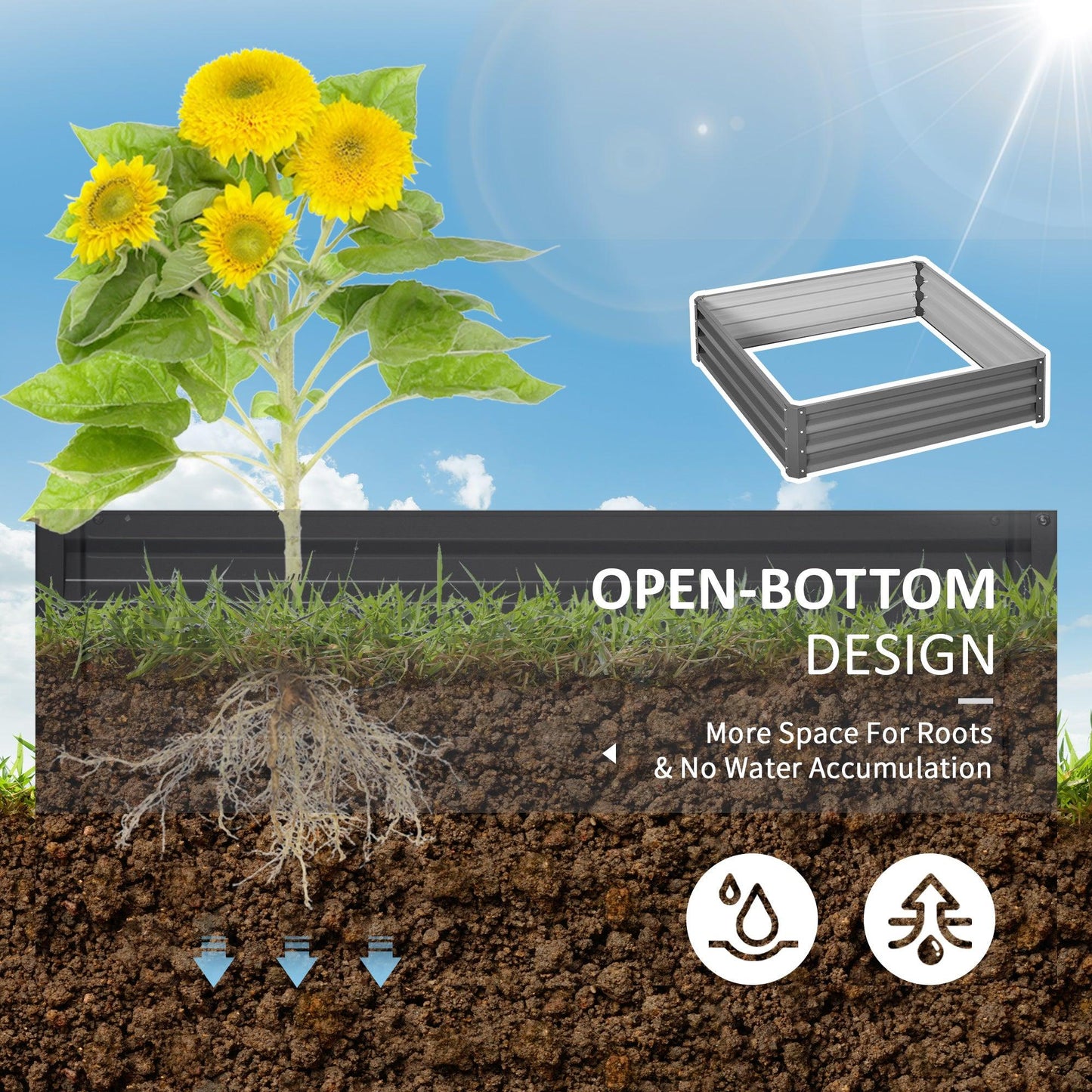 Outsunny 432L Square Raised Garden Bed Box Steel Frame for Vegetables, Flowers and Herbs, 120 x 120 x 30cm, Light Grey - ALL4U RETAILER LTD