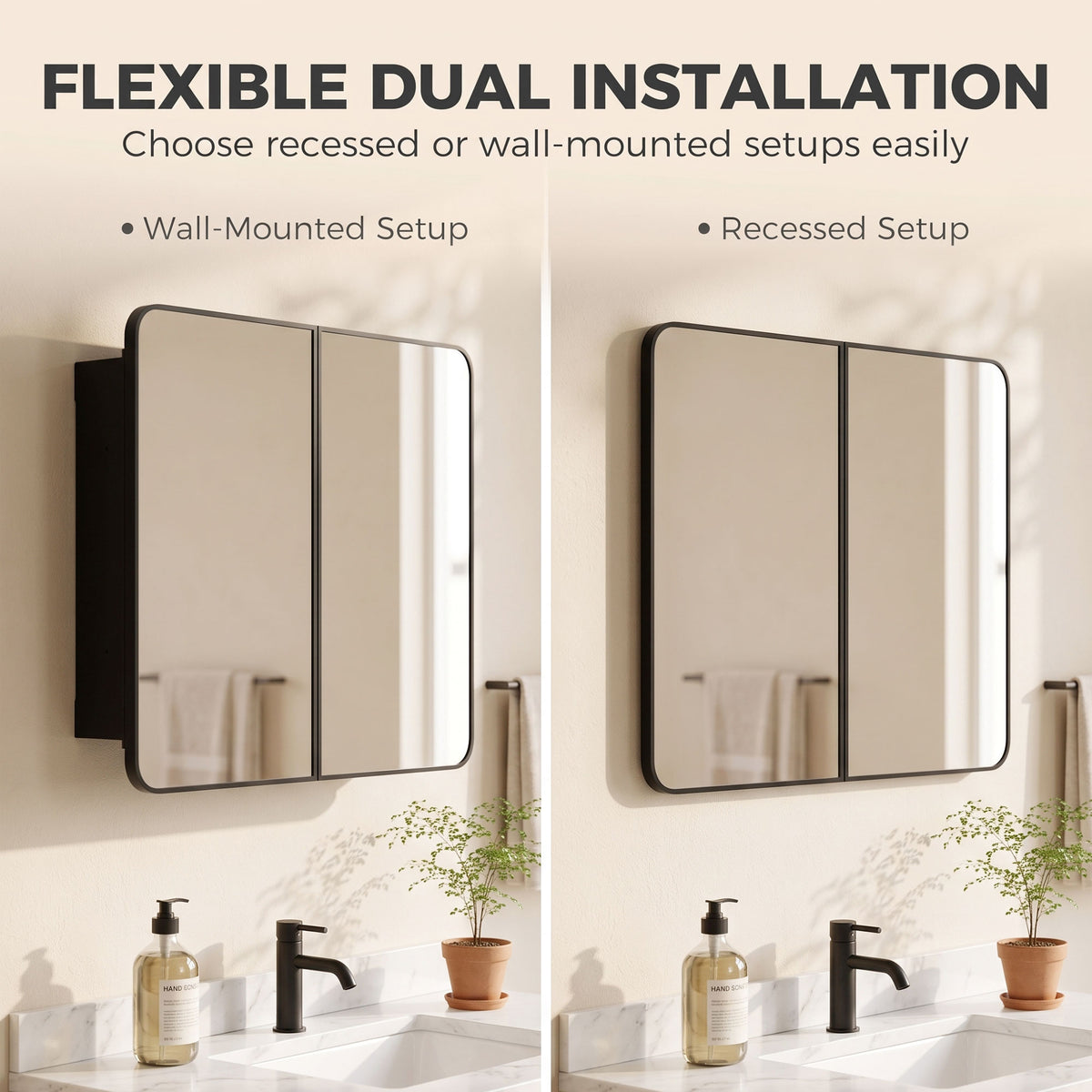 Black bathroom mirror cabinet shown in wall-mounted and recessed installation views