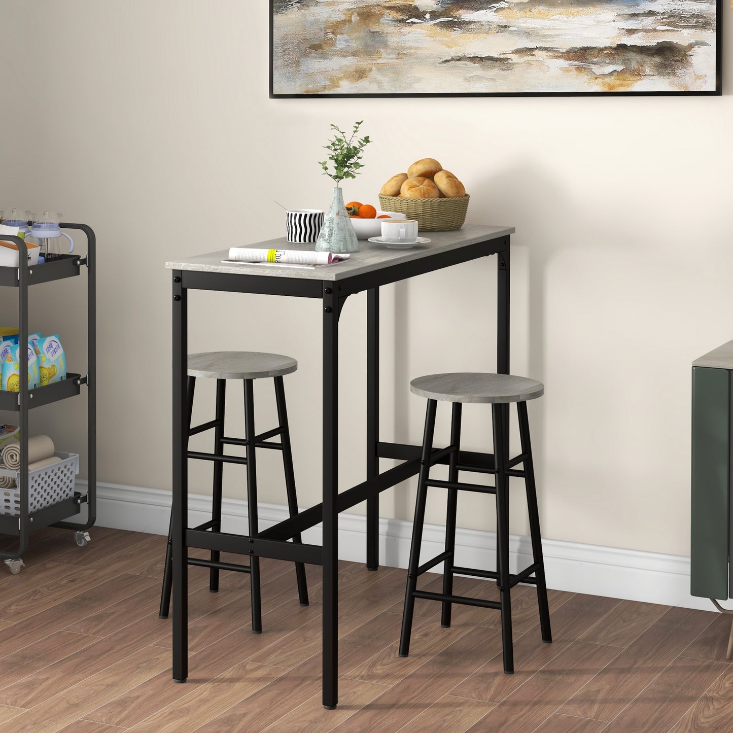 HOMCOM 3 Piece Bar Table Set With 2 Stools Industrial Grey Dining Table And Chair Set