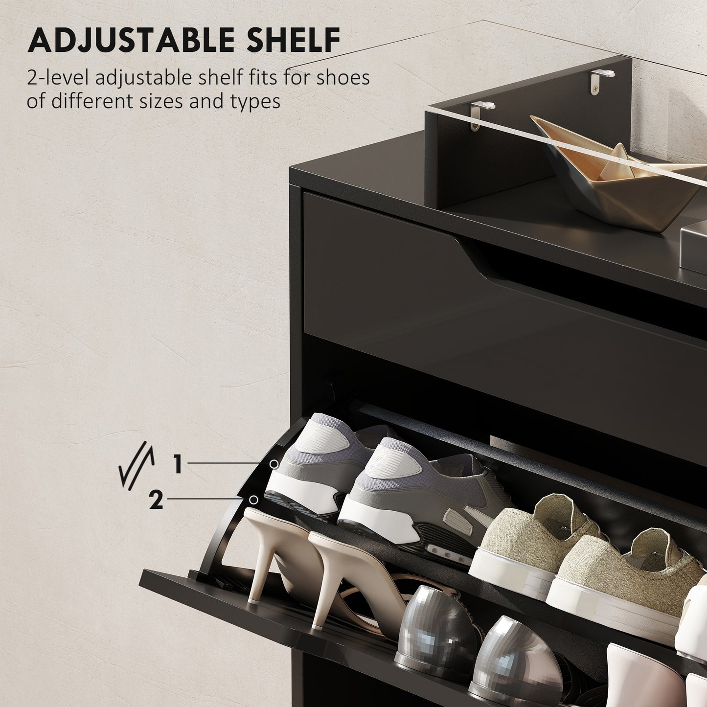 HOMCOM Narrow Shoe Storage Cabinet With Slide Out Drawer And Two Flip Doors Tempered Glass Top Black