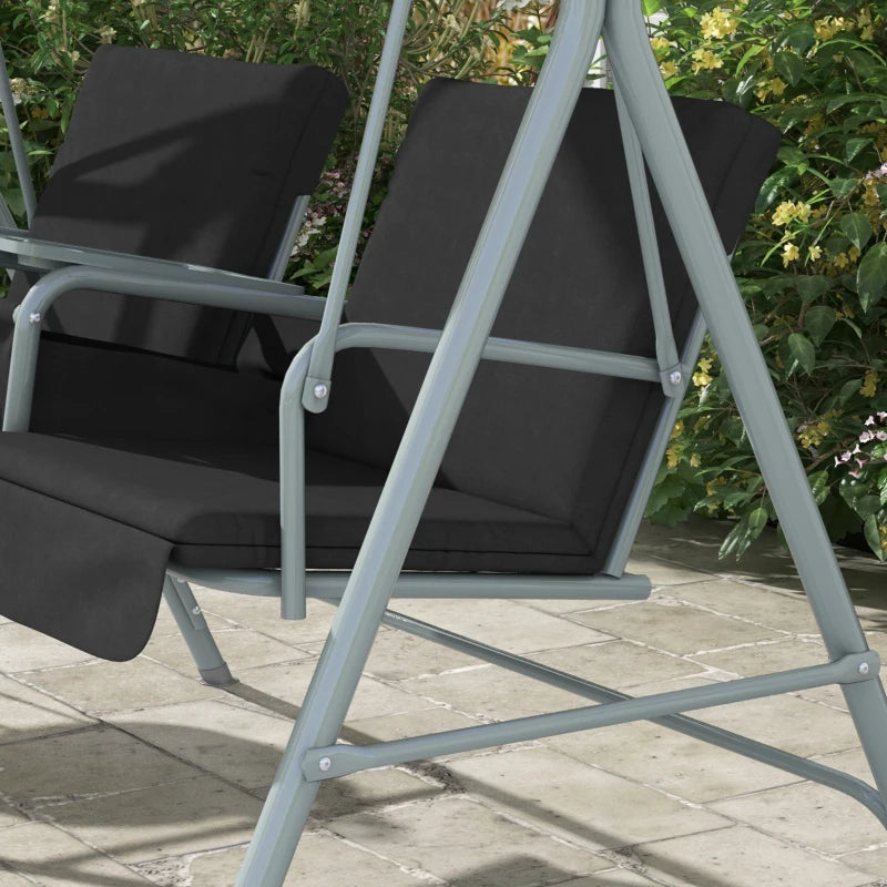 Outsunny 2 Seater Garden Swing Chair with Tilting Canopy, Double Padded Seats, Storage Bag, and Tray - Patio Rocking Bench in Black - ALL4U RETAILER LTD