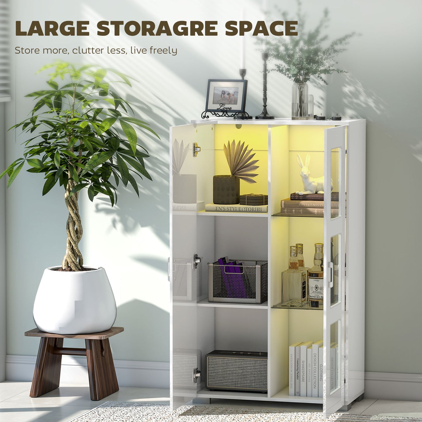 HOMCOM High Gloss Sideboard Display Cabinet With 16 Color RGB LED Lights Glass Doors And Shelves Remote Control White