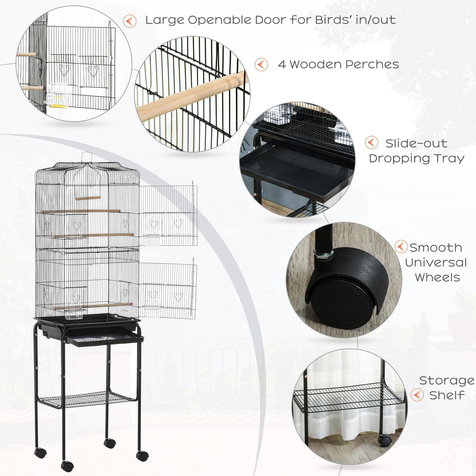 PawHut Black Bird Cage with Stand and Accessories, 36 x 46.5 x 157 cm - ALL4U RETAILER LTD