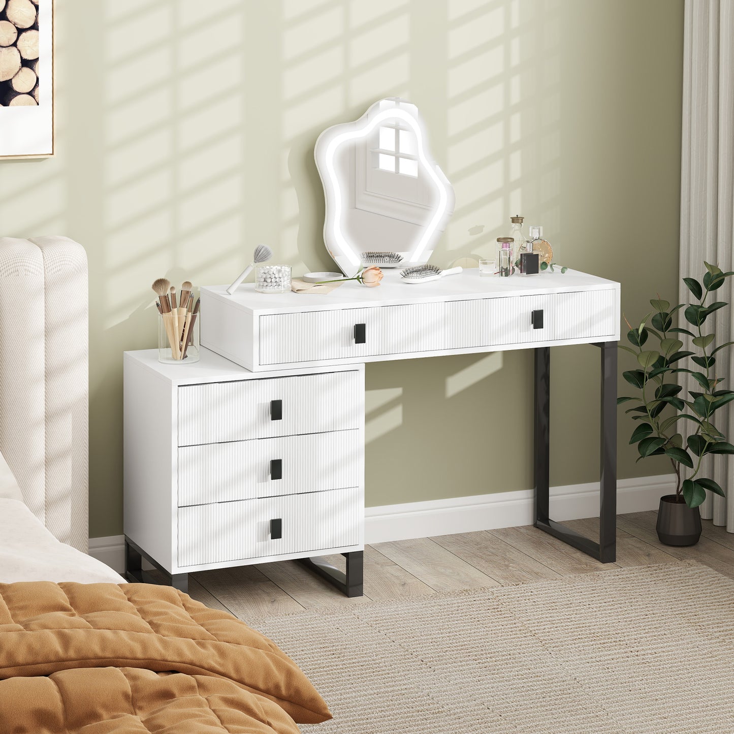 HOMCOM Dressing Table Vanity Desk With Leaf Shape Mirror 5 Drawers 3 Color LED Lights 100x40cm Tabletop White
