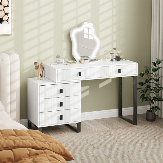HOMCOM Dressing Table Vanity Desk With Leaf Shape Mirror 5 Drawers 3 Color LED Lights 100x40cm Tabletop White