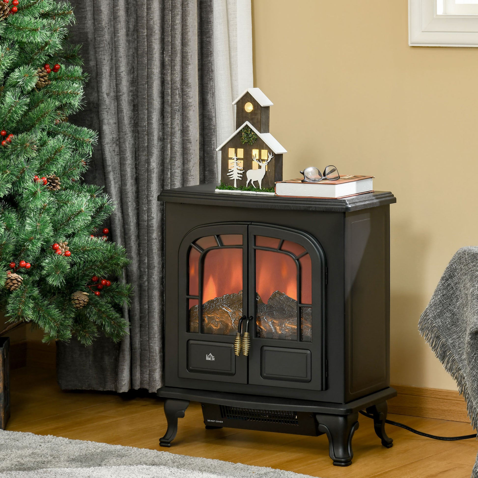 HOMCOM Freestanding Electric Fireplace Heater with Adjustable Flame Effects, Double Door Design, Overheat Protection, 1000W/2000W, Compact Black Finish - ALL4U RETAILER LTD