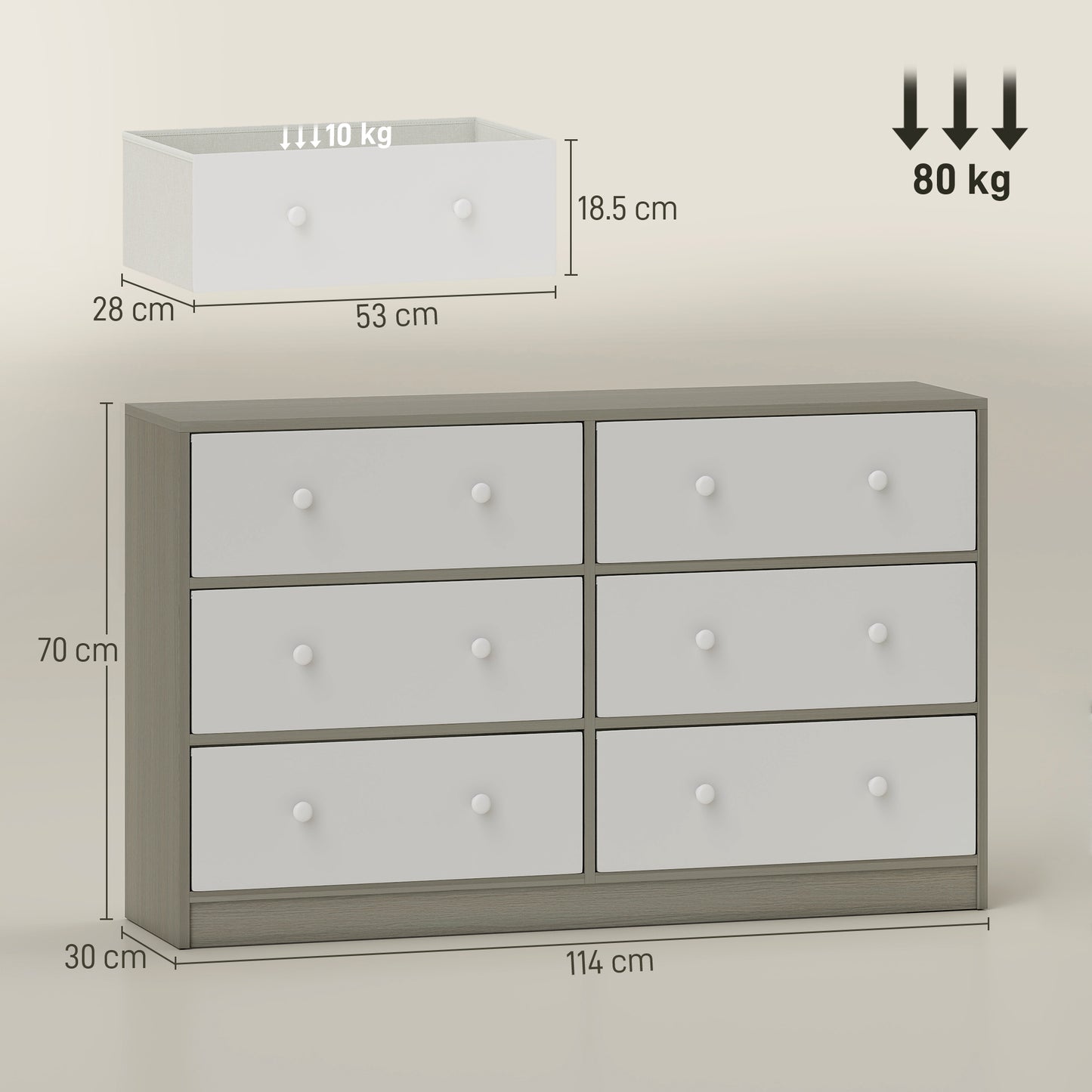 HOMCOM Six Drawer Fabric Dresser Chest White and Grey Wood Effect MDF and Steel Frame