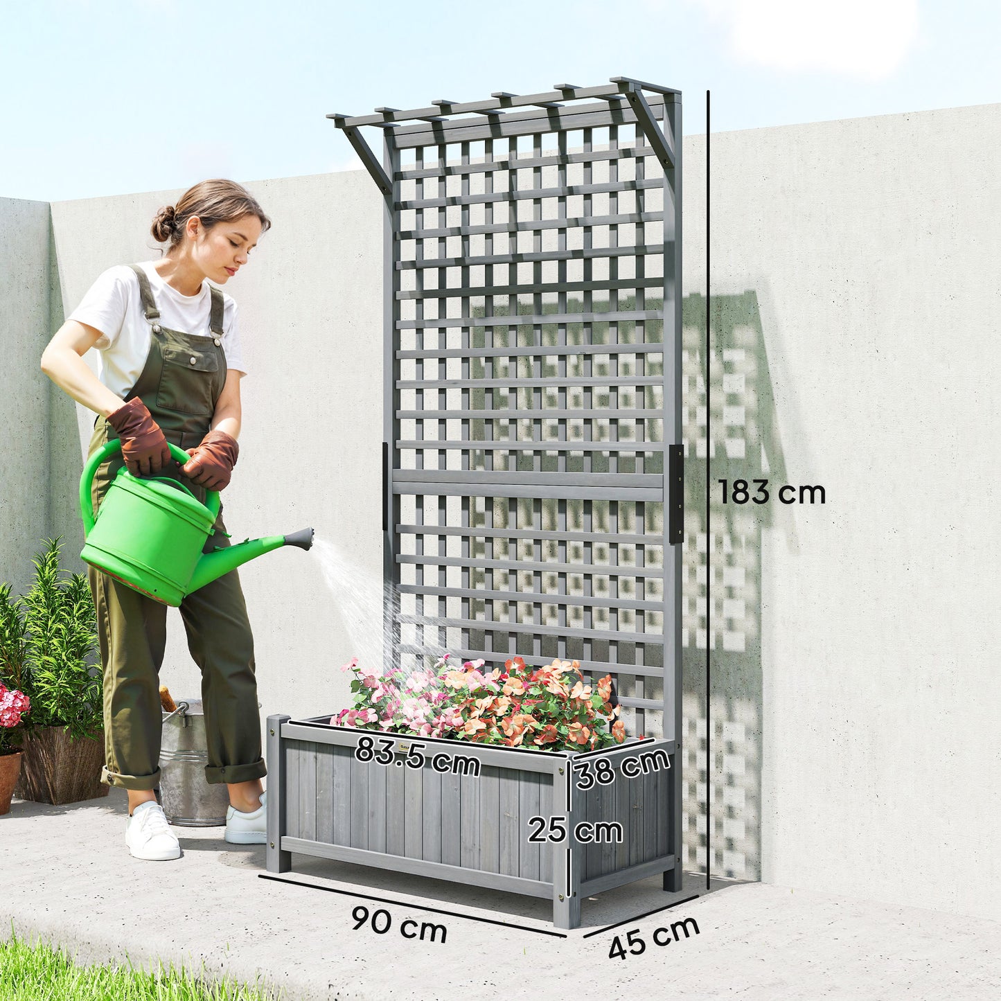 Outsunny Raised Bed Planter With Trellis For Climbing Plants Drainage Holes Dark Grey Fir Wood Planter